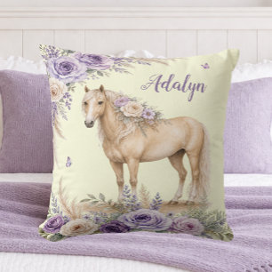 Girl Purple Yellow Rose Horse Monogram Cushion