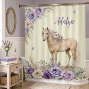Girl Purple Yellow Rose Horse Monogram Shower Curtain