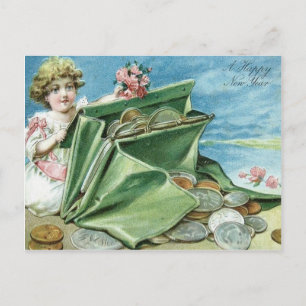 Girl Purse Coins Money Rose Postcard