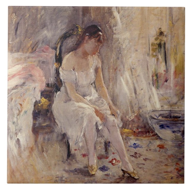 Girl Putting on Her Stockings (by Berthe Morisot) Tile (Front)