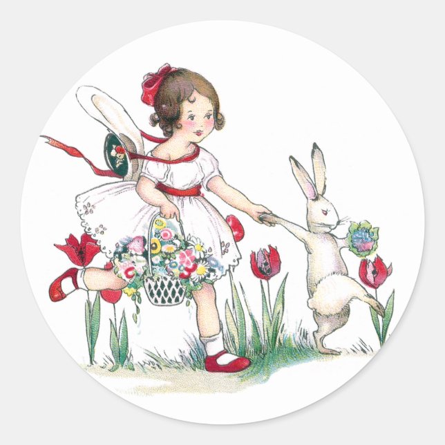 Girl, Rabbit and Easter Flowers Classic Round Sticker (Front)