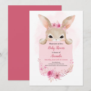 Girl Rabbit Baby Shower Pink Boho Rabbit Floral Invitation