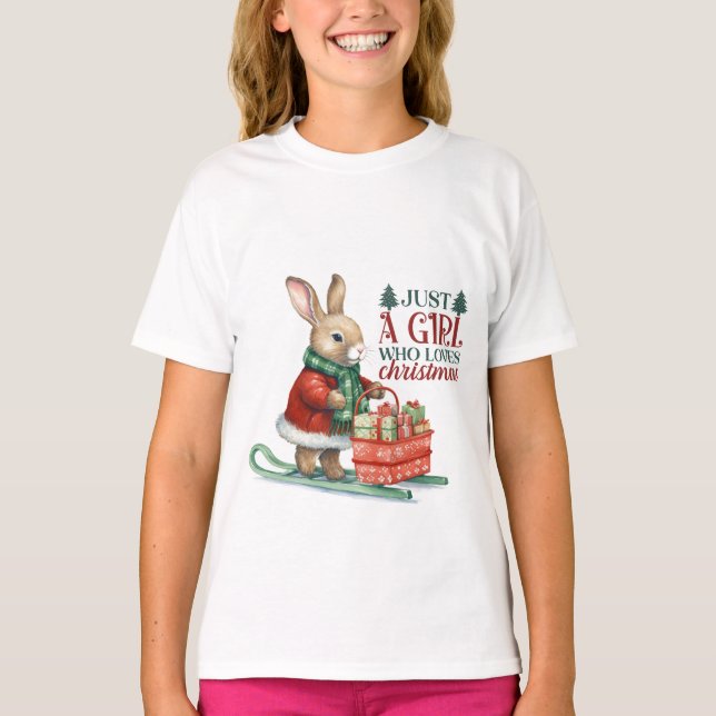 Girl Rabbit Bearing Christmas Gifts On Skis T-Shirt (Front)