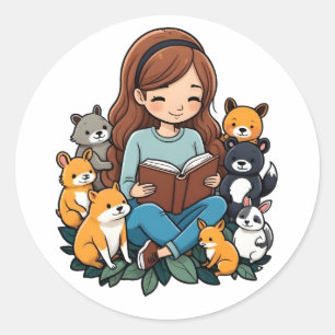 Girl reading a book classic round sticker