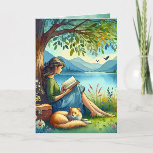 Girl Reading a Book under a Tree Birthday Card