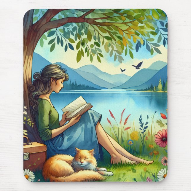Girl Reading a Book under a Tree with a Sleepy Cat Mouse Mat (Front)