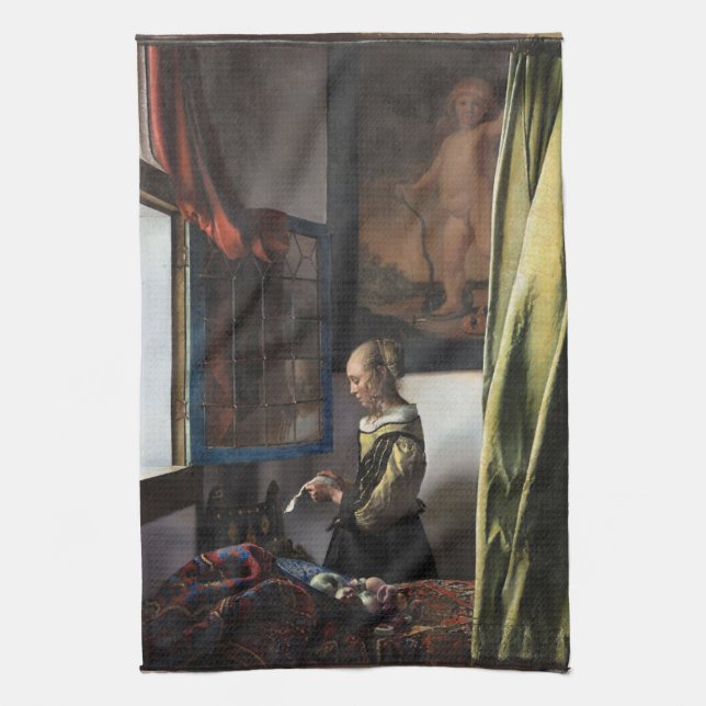 Girl Reading a Letter at an Open Window, Vermeer Tea Towel (Vertical)