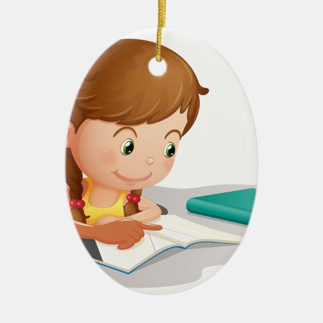 girl reading book ceramic tree decoration (Front)