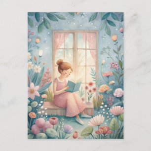 Girl Reading Book Sunlit Window Postcard