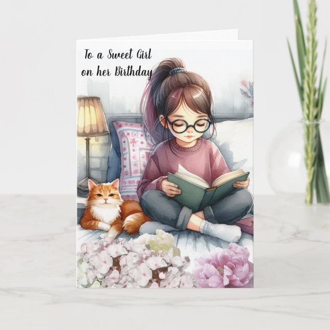 Girl Reading Books and Cat Birthday  Card (Front)