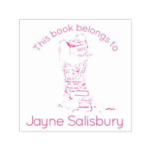 girl reading books name kids library stamp