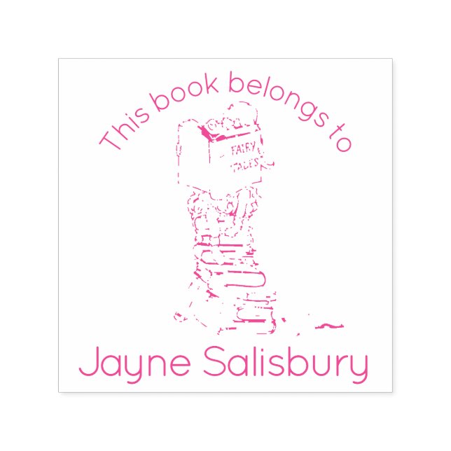 girl reading books name kids library stamp (Design)