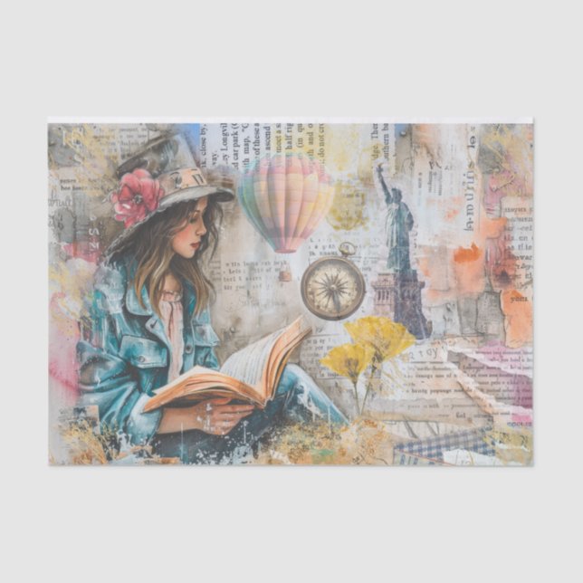 Girl Reading Collage Style Decoupage Paper (Front)