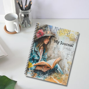 Girl Reading Collage Style Notebook