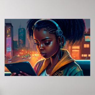Girl Reading in a City of the Future Poster