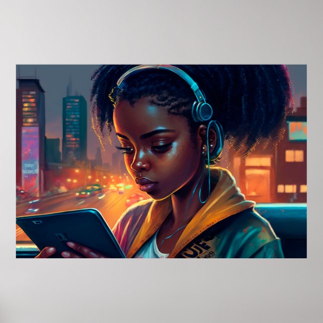 Girl Reading in a City of the Future Poster (Front)
