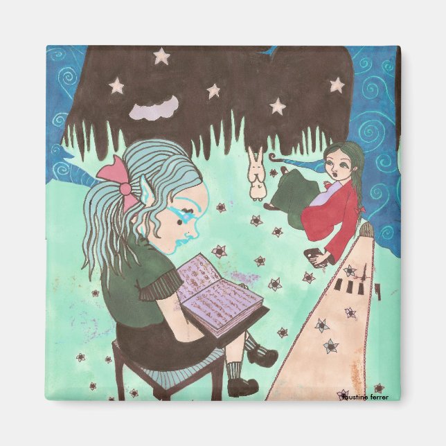 girl reading night stars magnet (Front)
