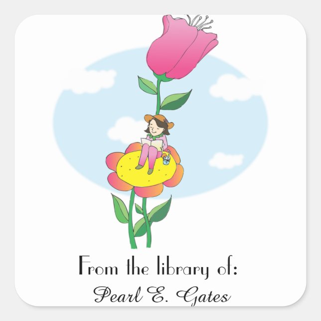 Girl Reading on a Flower Bookplate Square Sticker (Front)