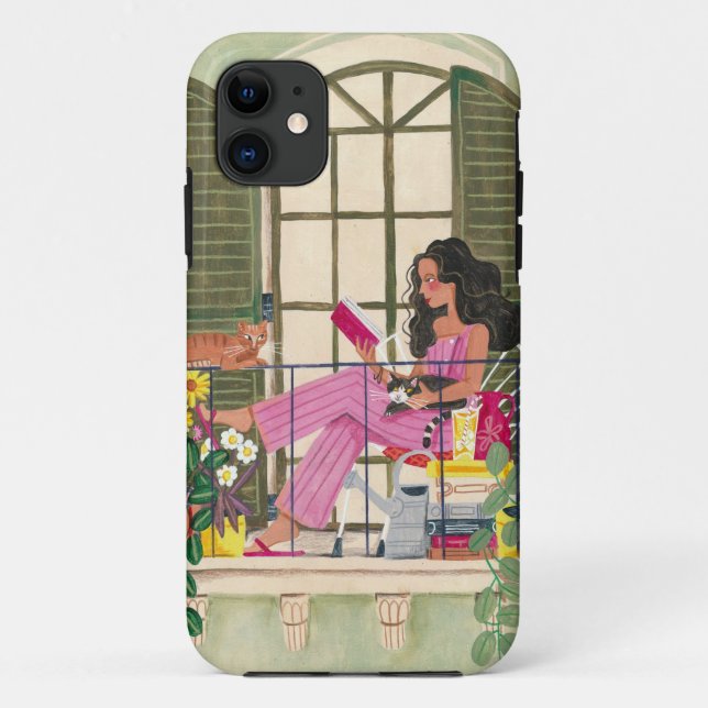 Girl reading on summer balcony with cats Case-Mate iPhone case (Back)