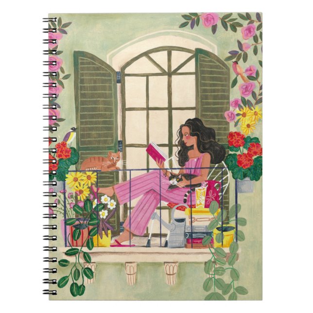 Girl reading on summer balcony with cats notebook (Front)