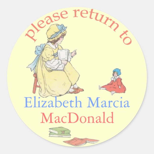 Girl reading to Doll Rounded Bookplate Classic Round Sticker (Front)
