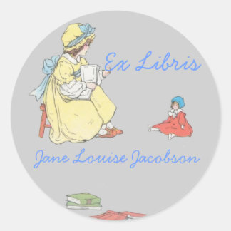 Girl reading to Doll Rounded Bookplate Classic Round Sticker