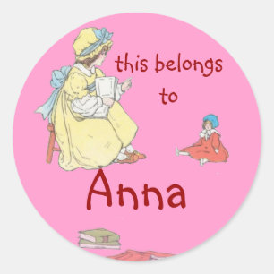 Girl reading to Doll Rounded Bookplate Classic Round Sticker