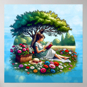 Girl Reading under a Tree Surrounded by Flowers Poster
