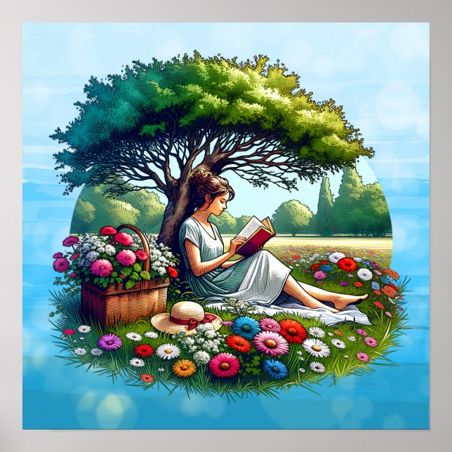 Girl Reading under a Tree Surrounded by Flowers Poster (Front)