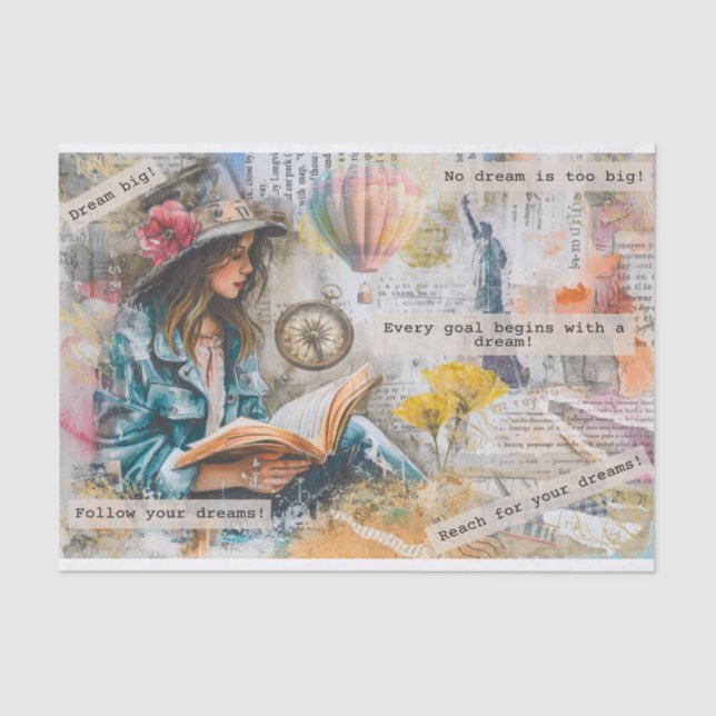 Girl Reading With Dream Quotes Collage Decoupage  Tissue Paper (Front)