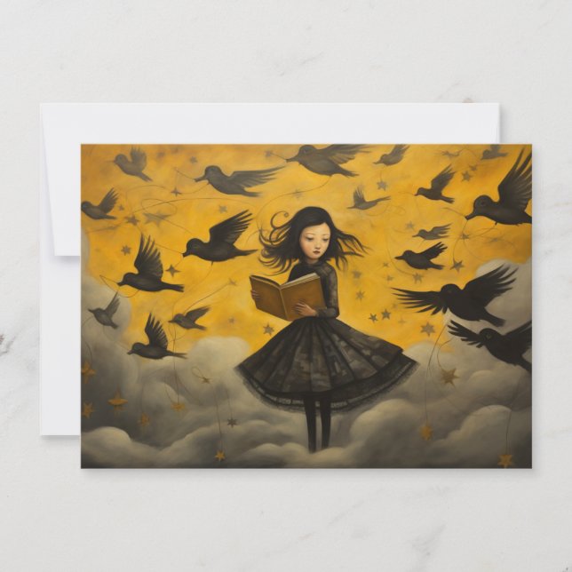 Girl reading with flying birds - postcard (Front)