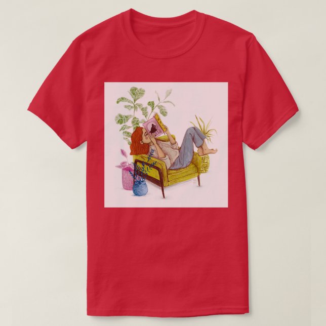 Girl reading with plants Pencil drawing T-Shirt (Design Front)