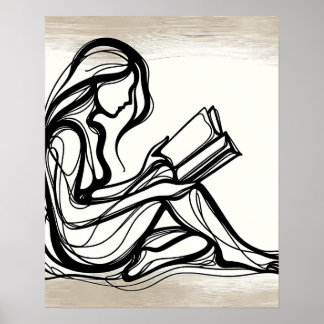 Girl Reads a Book - Line Art Poster