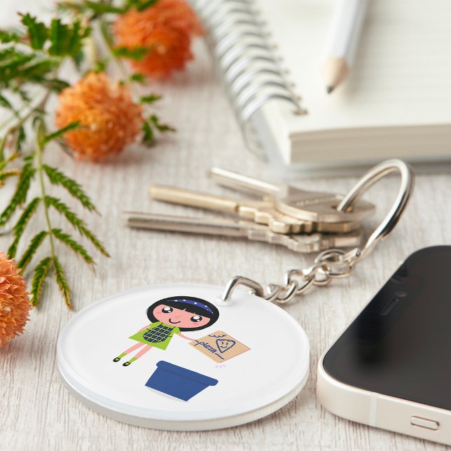 Girl Recycling Pizza Box Fun Eco-Friendly  Key Ring (Creator Uploaded)