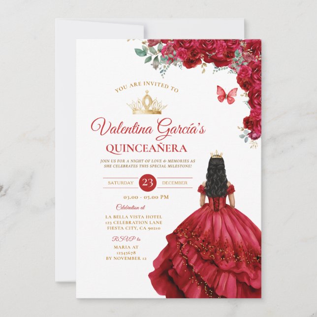 Girl Red Dress Quinceañera 15 Anos Flowers Gold Invitation (Front)