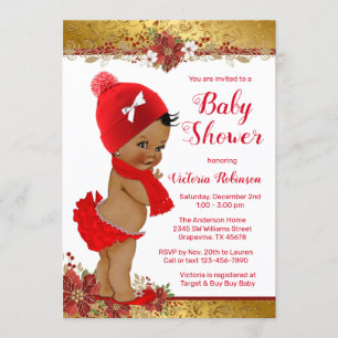 Girl Red Gold Christmas Baby Shower African Invitation