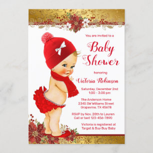 Girl Red Gold Christmas Baby Shower Blonde Invitation