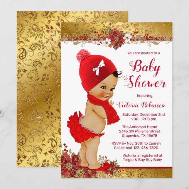 Girl Red Gold Christmas Baby Shower Ethnic Invitation (Front/Back)