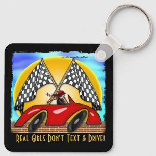 Girl, Red Hot Rod, Checkered Flags (Personalized) Key Ring