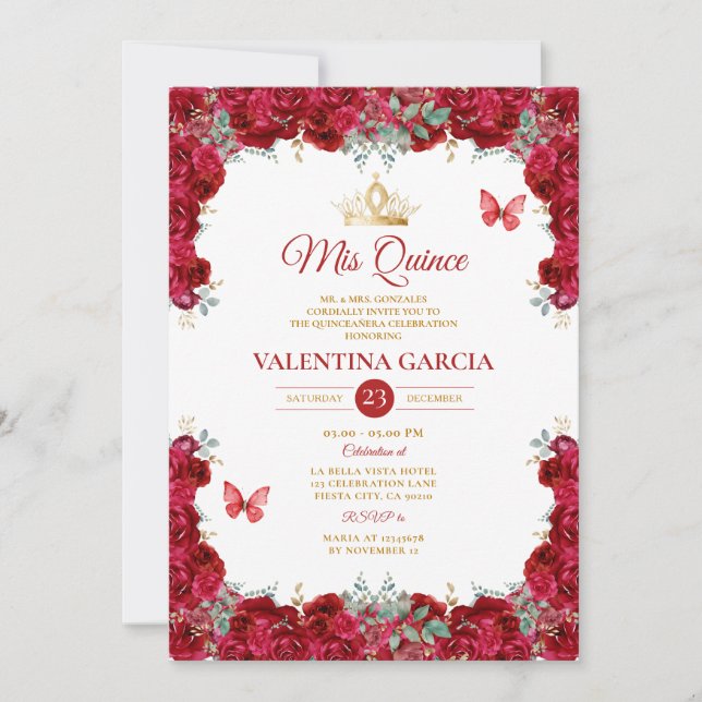 Girl Red Quinceañera 15 Anos Flowers Gold Crown Invitation (Front)