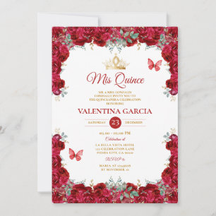 Girl Red Quinceañera 15 Anos Flowers Gold Crown Invitation