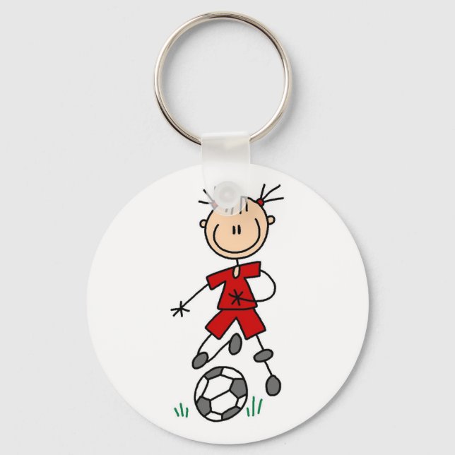 Girl Red Uniform Stick Figure Soccer Player Gifts Key Ring (Front)