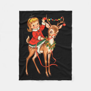 Girl Reindeer Retro 1950s Vintage Christmas Women Fleece Blanket