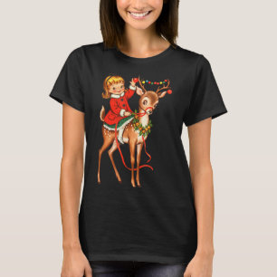 Girl Reindeer Retro 1950s Vintage Christmas Women  T-Shirt