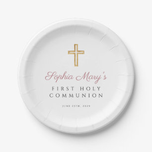Girl Religious Cross Pink First Communion Paper Plate