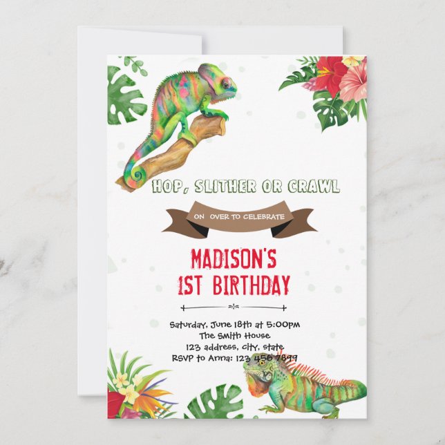 Girl reptile birthday invitation (Front)