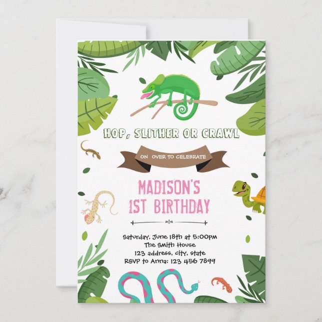 Girl reptile birthday invite (Front)