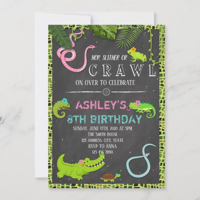 Girl reptile birthday party invitation (Front)