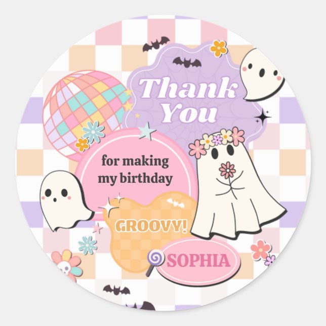 Girl Retro Groovy Little Boo Birthday Party Classic Round Sticker (Front)