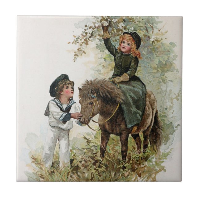 Girl Rides Shetland Pony Vintage Tile (Front)